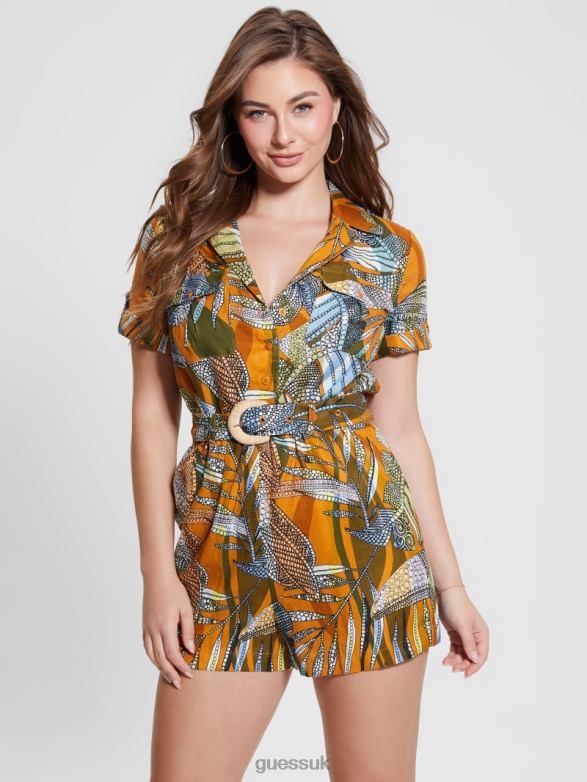 GUESS Women Eco Cindy Linen Romper Batik Toucan Clay Apparel V28V6331