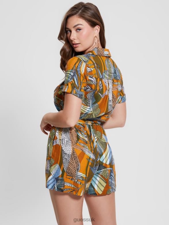 GUESS Women Eco Cindy Linen Romper Batik Toucan Clay Apparel V28V6331