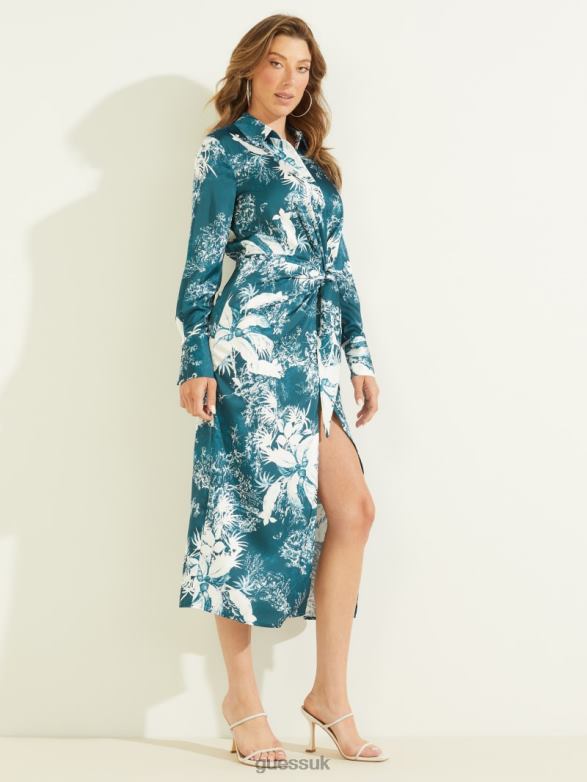 GUESS Women Eco Dorothee Dress Country Garden Teal Print Apparel V28V6845