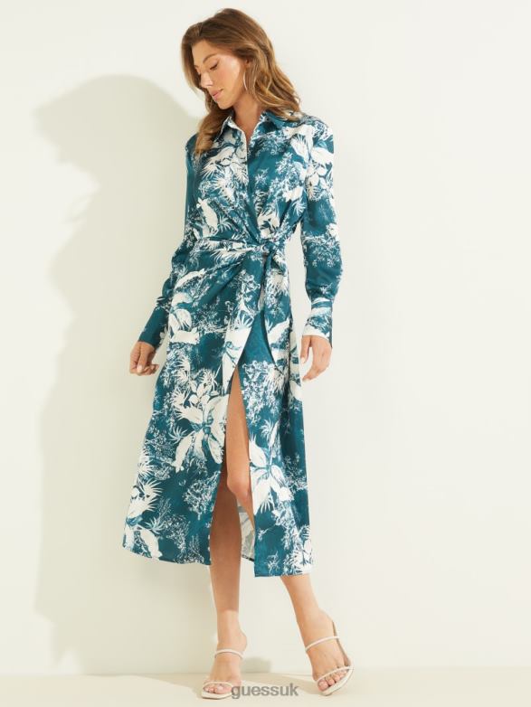 GUESS Women Eco Dorothee Dress Country Garden Teal Print Apparel V28V6845