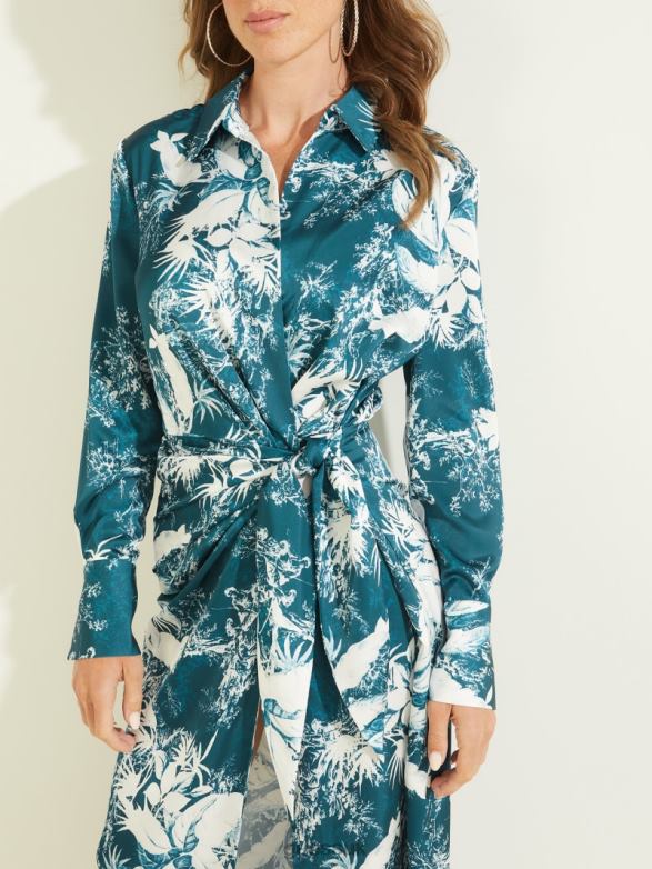 GUESS Women Eco Dorothee Dress Country Garden Teal Print Apparel V28V6845