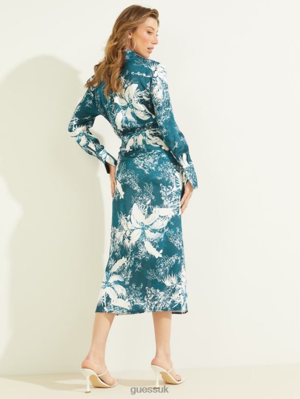 GUESS Women Eco Dorothee Dress Country Garden Teal Print Apparel V28V6845