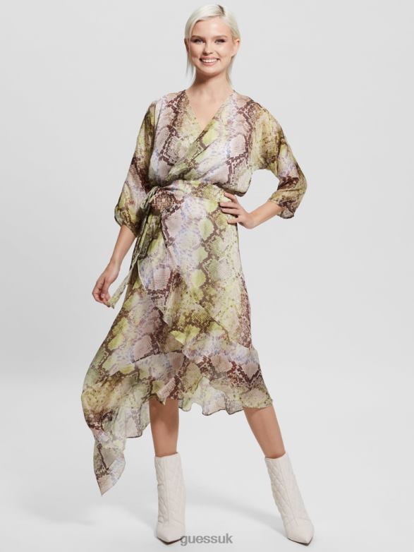 GUESS Women Eco Ensley Wrap Dress Glam Snake Print Apparel V28V6686