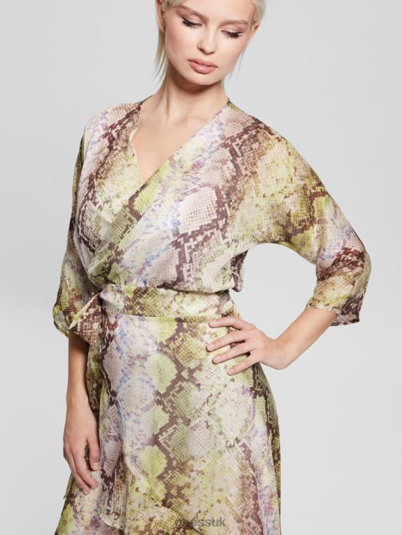 GUESS Women Eco Ensley Wrap Dress Glam Snake Print Apparel V28V6686