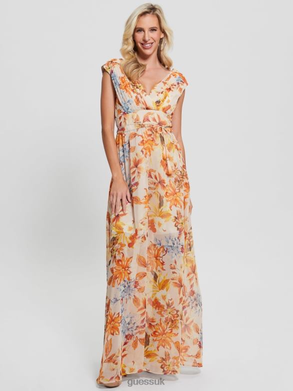 GUESS Women Eco Gilda Chiffon Maxi Dress Sunset Garden Apparel V28V6401
