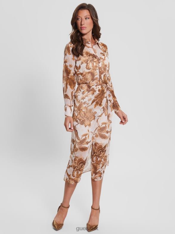 GUESS Women Eco Lama Printed Dress Porcelain Floral Print Br Apparel V28V6832