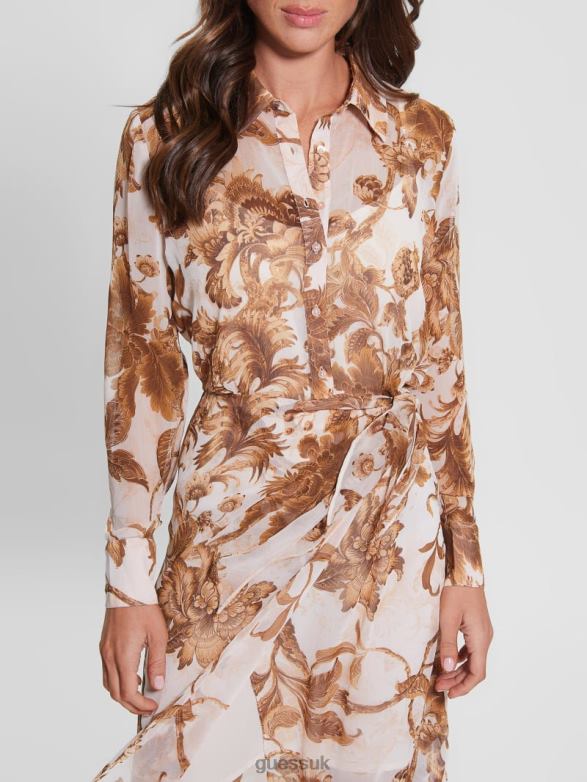 GUESS Women Eco Lama Printed Dress Porcelain Floral Print Br Apparel V28V6832