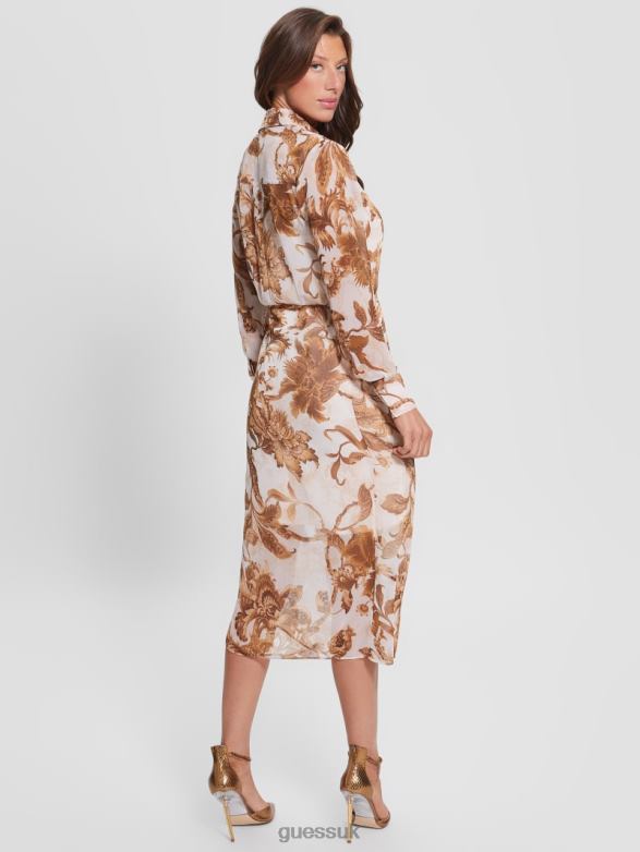 GUESS Women Eco Lama Printed Dress Porcelain Floral Print Br Apparel V28V6832