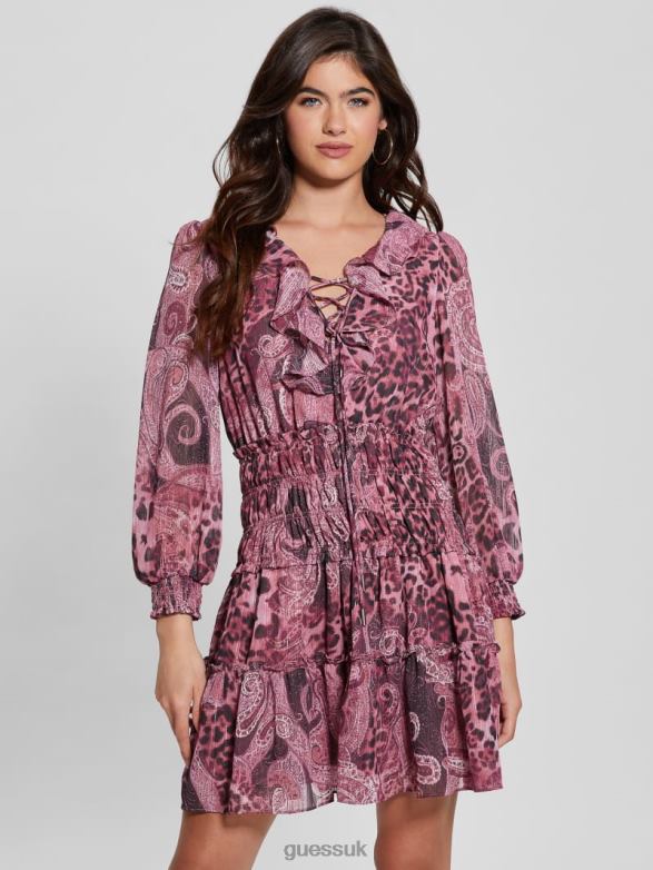 GUESS Women Eco Lucy Lace-Up Flared Dress Purple Kashmir Print Apparel V28V6327