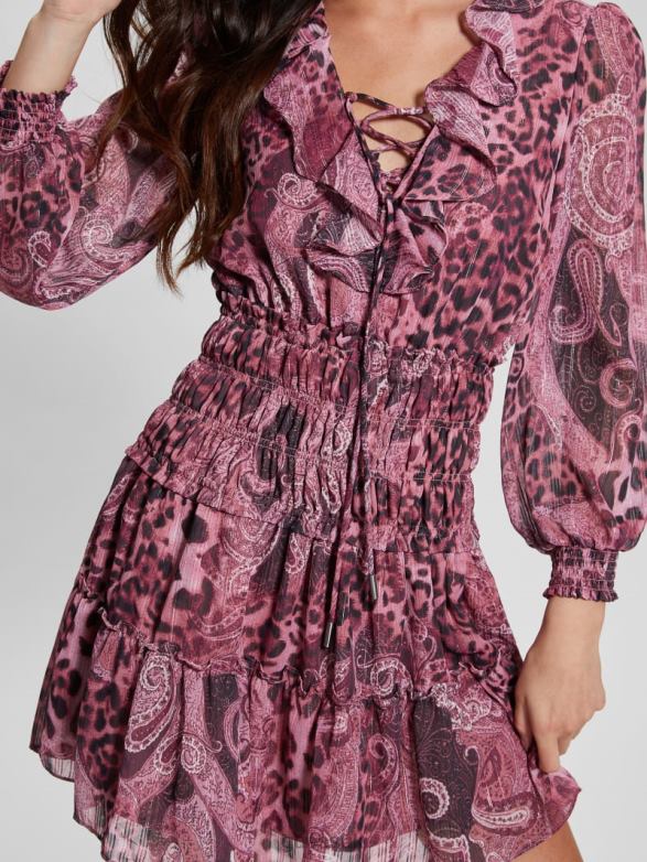 GUESS Women Eco Lucy Lace-Up Flared Dress Purple Kashmir Print Apparel V28V6327