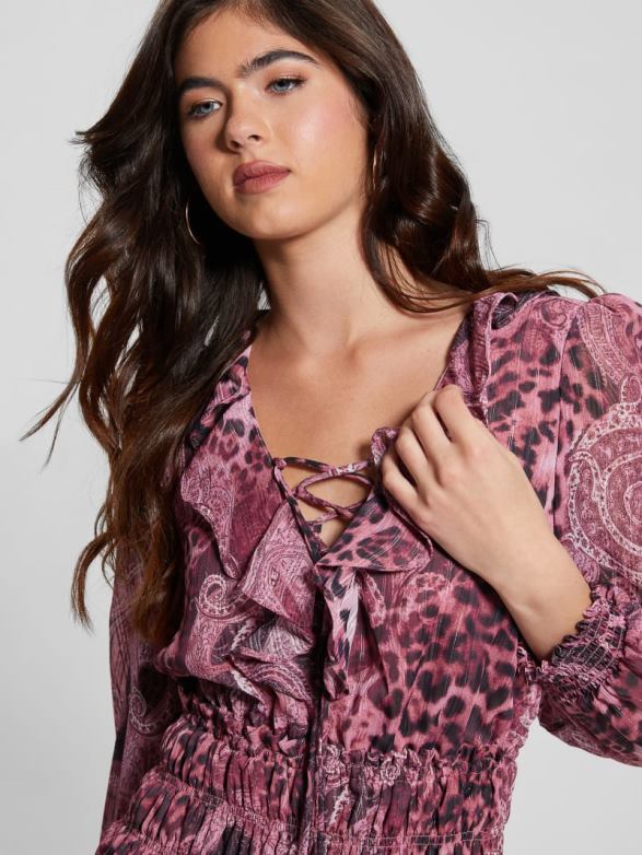 GUESS Women Eco Lucy Lace-Up Flared Dress Purple Kashmir Print Apparel V28V6327
