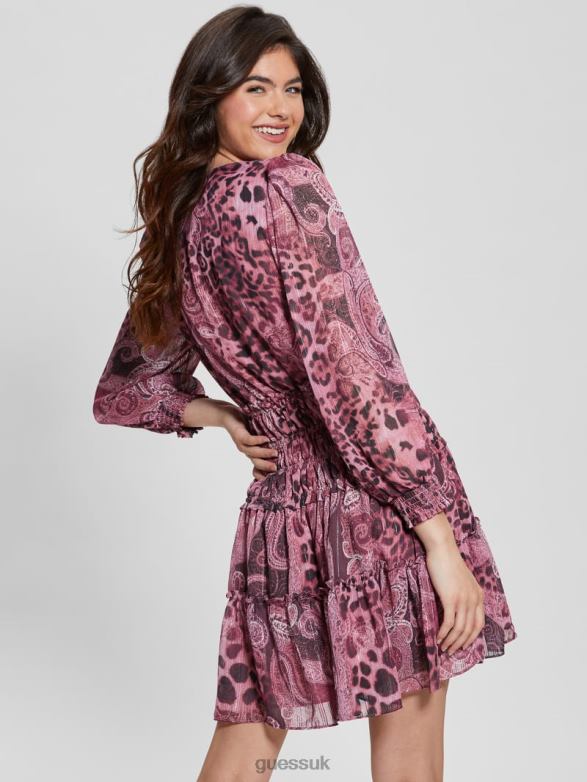 GUESS Women Eco Lucy Lace-Up Flared Dress Purple Kashmir Print Apparel V28V6327