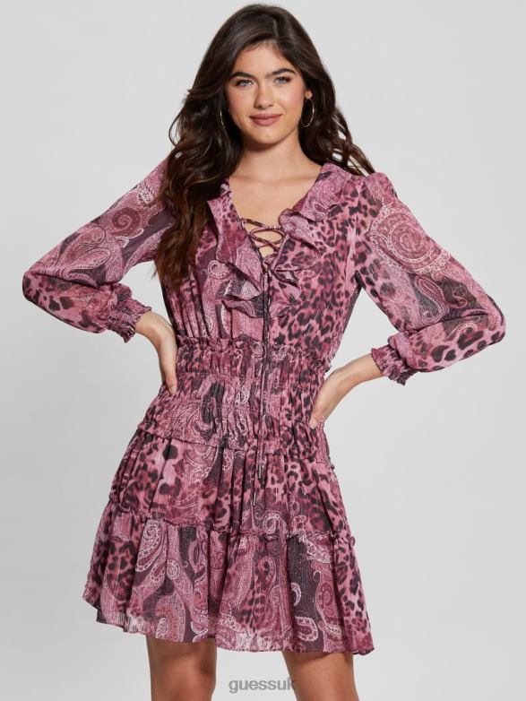 GUESS Women Eco Lucy Lace-Up Flared Dress Purple Kashmir Print Apparel V28V6327