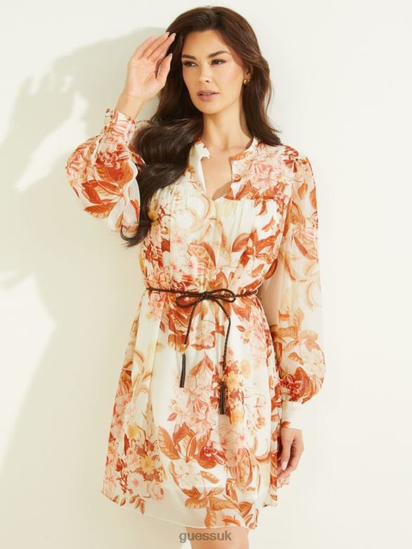 GUESS Women Eco Morgane Dress Forest Floral Print White Apparel V28V6667