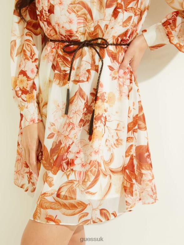 GUESS Women Eco Morgane Dress Forest Floral Print White Apparel V28V6667