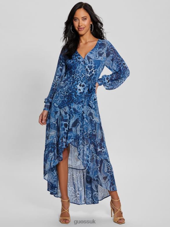 GUESS Women Eco Nuovo Bahia Wrap Maxi Dress Nordic Sea Kashmir Apparel V28V6314