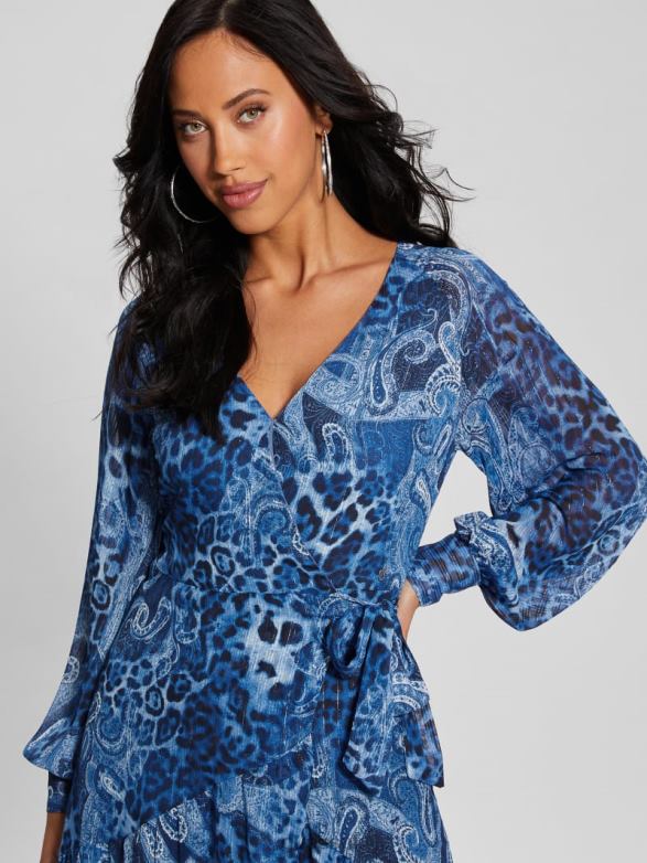 GUESS Women Eco Nuovo Bahia Wrap Maxi Dress Nordic Sea Kashmir Apparel V28V6314
