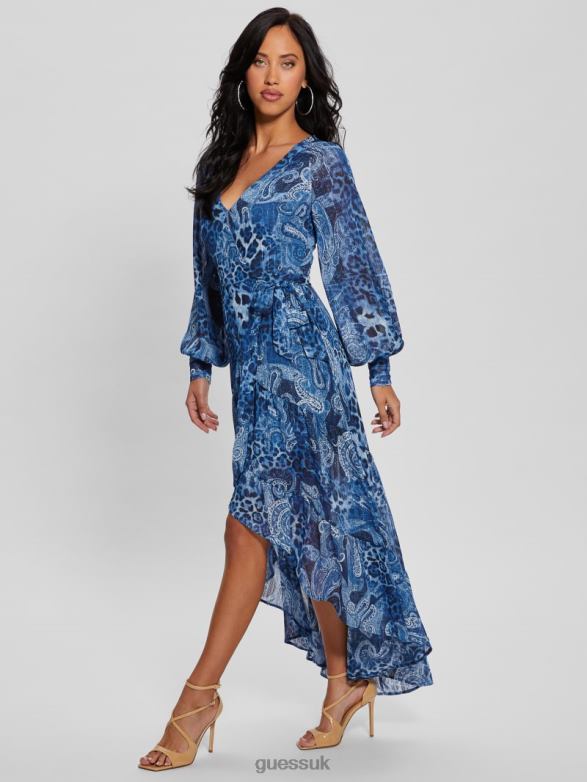 GUESS Women Eco Nuovo Bahia Wrap Maxi Dress Nordic Sea Kashmir Apparel V28V6314