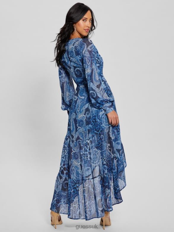 GUESS Women Eco Nuovo Bahia Wrap Maxi Dress Nordic Sea Kashmir Apparel V28V6314