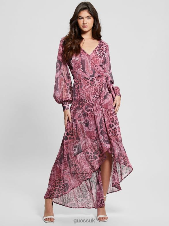 GUESS Women Eco Nuovo Bahia Wrap Maxi Dress Purple Kashmir Print Apparel V28V6326