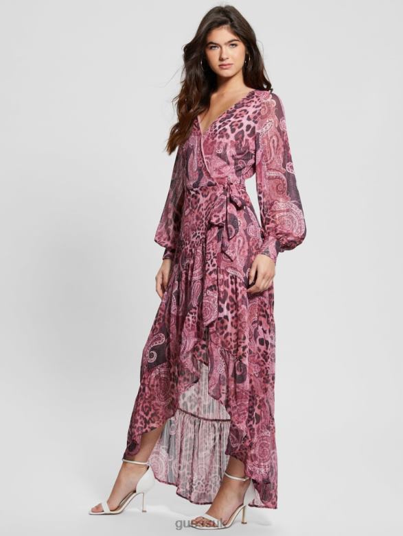 GUESS Women Eco Nuovo Bahia Wrap Maxi Dress Purple Kashmir Print Apparel V28V6326