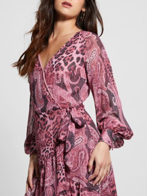 GUESS Women Eco Nuovo Bahia Wrap Maxi Dress Purple Kashmir Print Apparel V28V6326