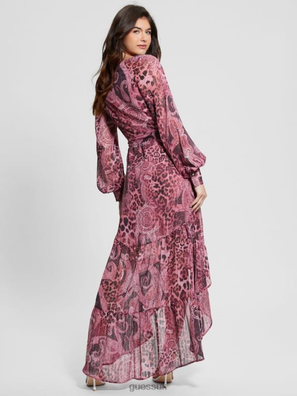 GUESS Women Eco Nuovo Bahia Wrap Maxi Dress Purple Kashmir Print Apparel V28V6326