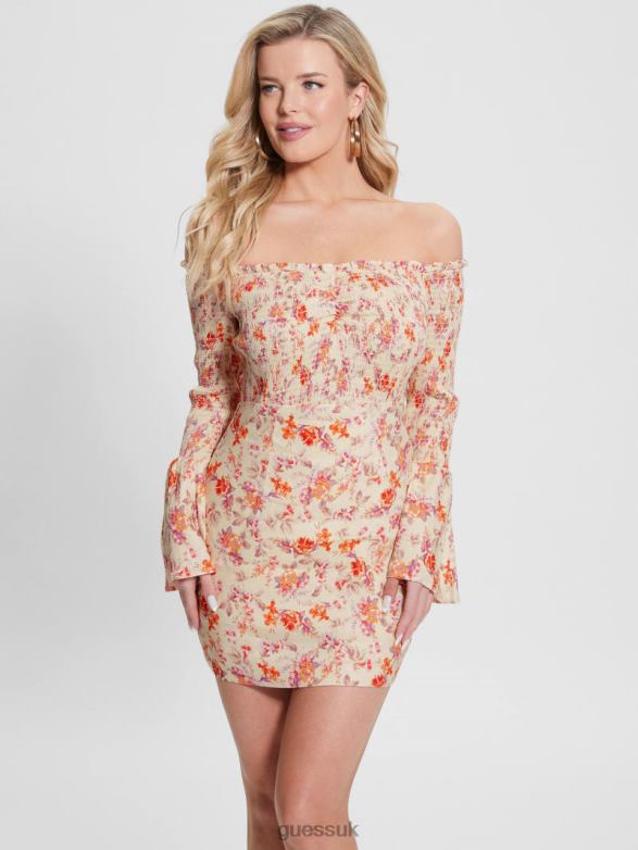 GUESS Women Eco Off-the-Shoulder Hailey Dress Catalina Mini Blooms Apparel V28V6387