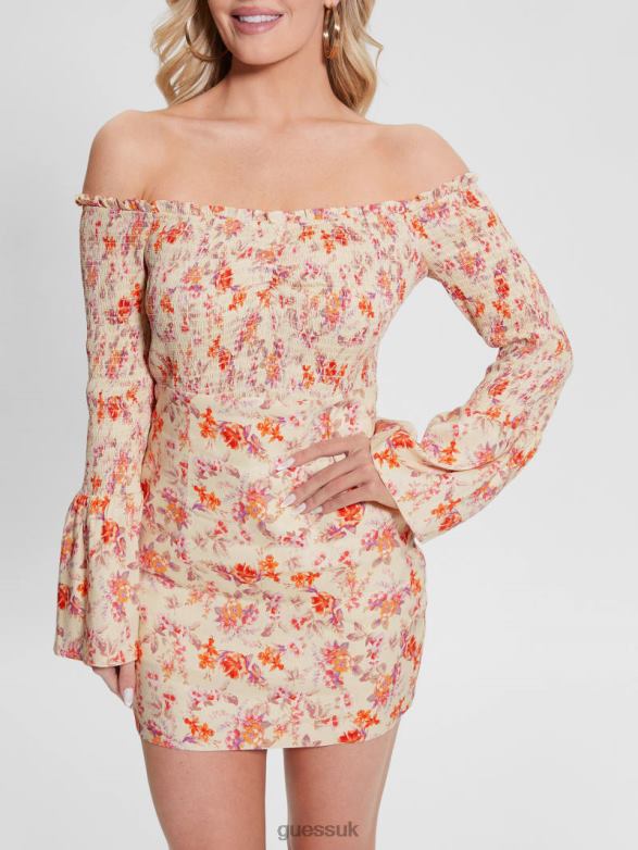 GUESS Women Eco Off-the-Shoulder Hailey Dress Catalina Mini Blooms Apparel V28V6387