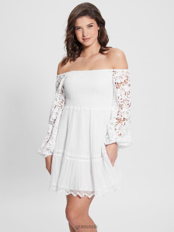 GUESS Women Eco Off-the-Shoulder Katerina Dress Pure White Apparel V28V6454