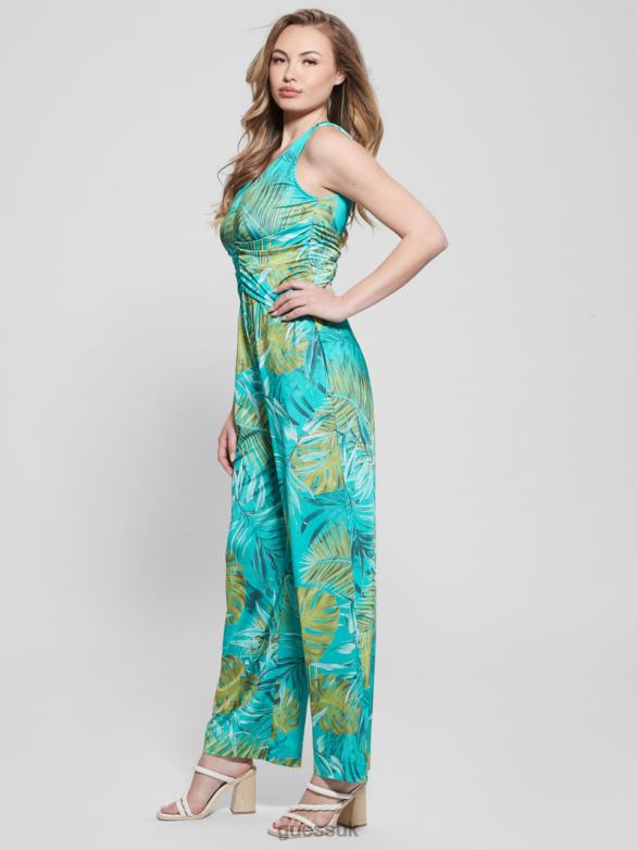 GUESS Women Eco Poplia Printed Jumpsuit Original Teal Monstera Apparel V28V6320
