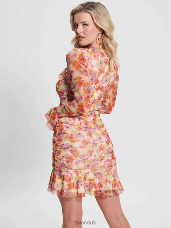 GUESS Women Eco Rosalee Ruffle Dress Acquarelle Bloom Apparel V28V6377