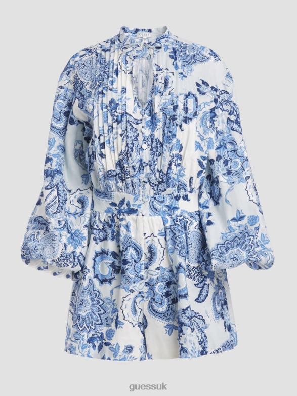 GUESS Women Eco Zaren Linen Romper Blue Collectibles Apparel V28V6383