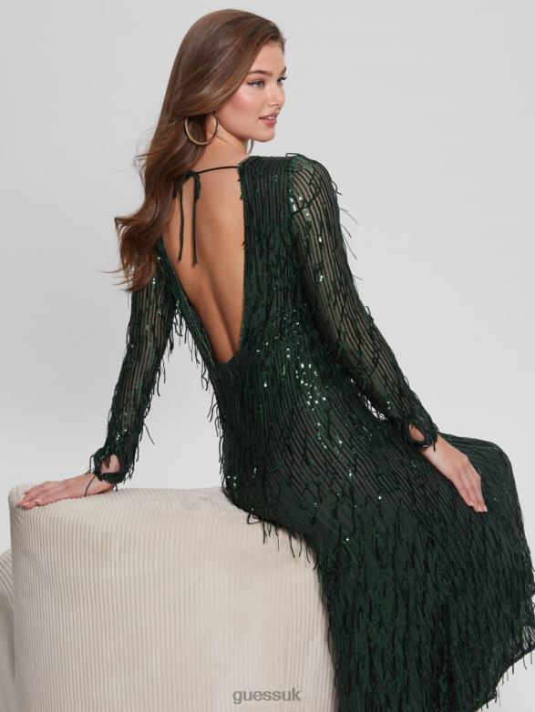 GUESS Women Elodie Sequin Fringe Dress Moss Mat Multi Apparel V28V6688