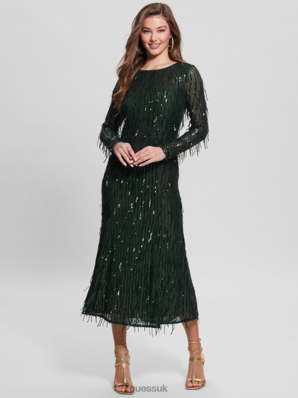 GUESS Women Elodie Sequin Fringe Dress Moss Mat Multi Apparel V28V6688