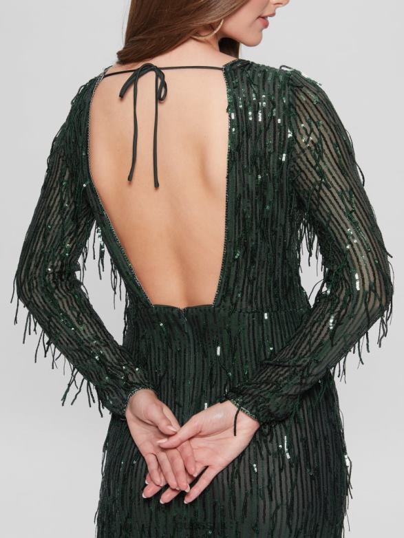 GUESS Women Elodie Sequin Fringe Dress Moss Mat Multi Apparel V28V6688