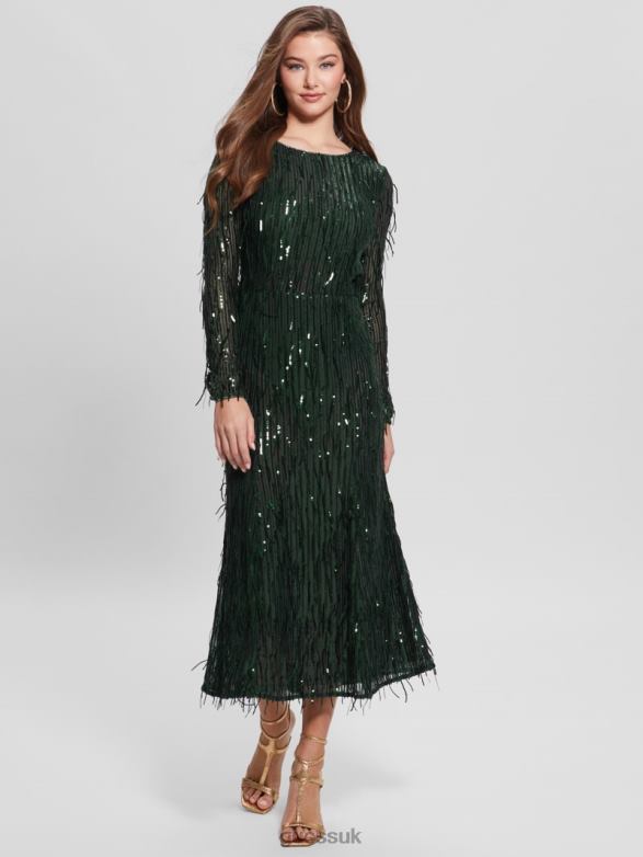 GUESS Women Elodie Sequin Fringe Dress Moss Mat Multi Apparel V28V6688