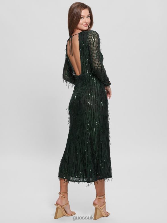 GUESS Women Elodie Sequin Fringe Dress Moss Mat Multi Apparel V28V6688
