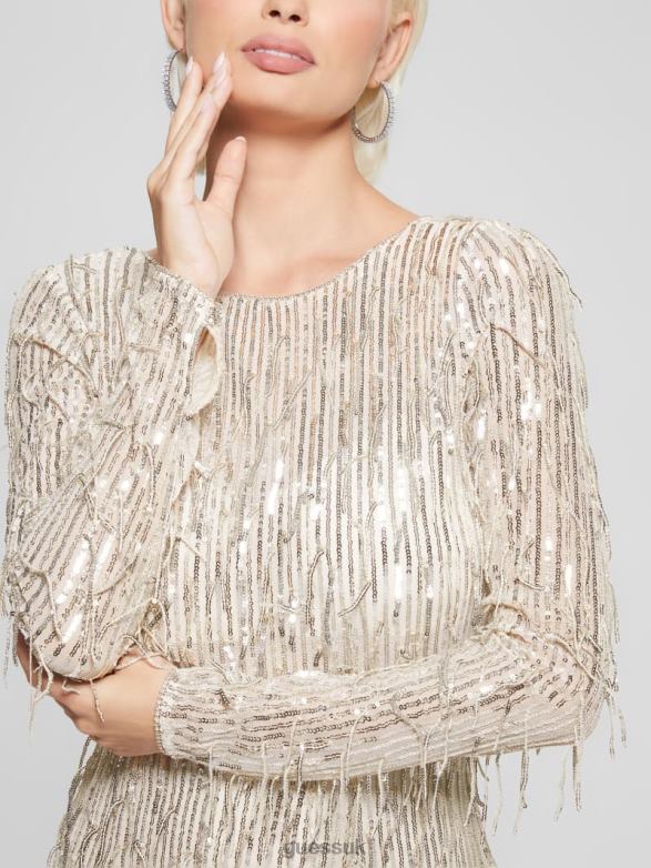 GUESS Women Elodie Sequin Fringe Dress Off White Multi Apparel V28V6737