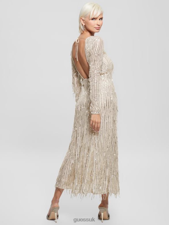 GUESS Women Elodie Sequin Fringe Dress Off White Multi Apparel V28V6737