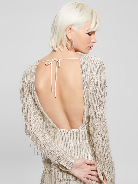 GUESS Women Elodie Sequin Fringe Dress Off White Multi Apparel V28V6737