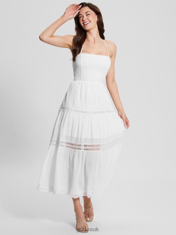 GUESS Women Lace Maxi Safa Dress Pure White Apparel V28V6341