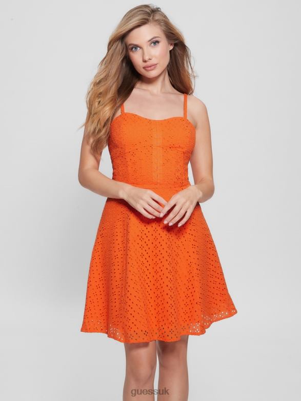 GUESS Women Leena Eyelet Mini Dress Orange Slushie Apparel V28V6512