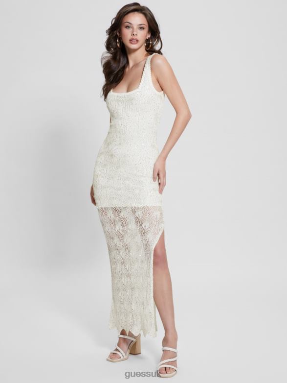 GUESS Women Liza Crochet Maxi Dress Dove White Multi Apparel V28V6305