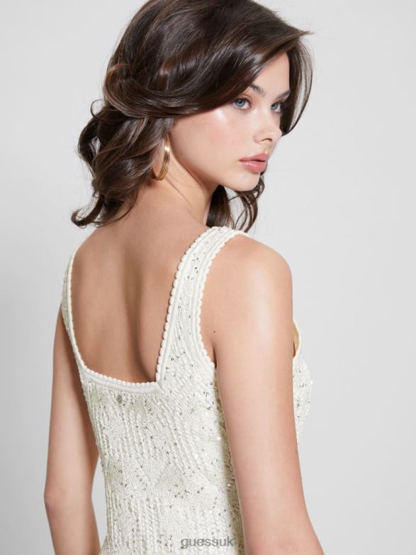 GUESS Women Liza Crochet Maxi Dress Dove White Multi Apparel V28V6305