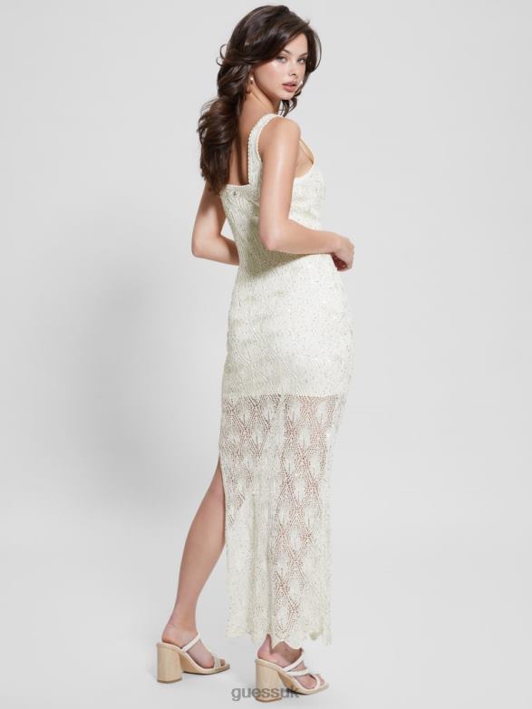 GUESS Women Liza Crochet Maxi Dress Dove White Multi Apparel V28V6305