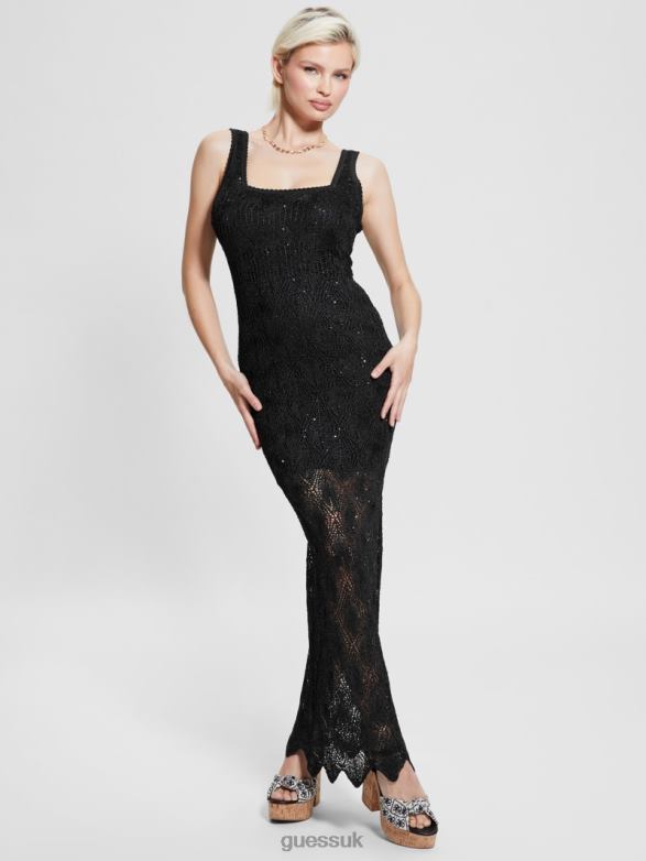 GUESS Women Liza Crochet Maxi Dress Jet Black Multi Apparel V28V6419