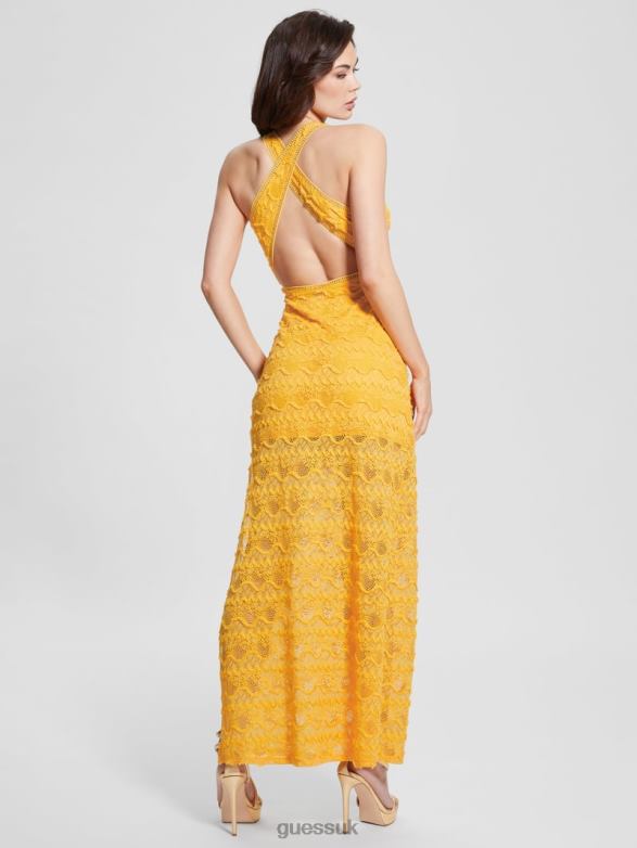 GUESS Women Liza Lace Maxi Dress Laguna Yellow Apparel V28V6482