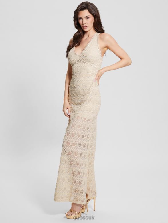 GUESS Women Liza Lace Maxi Dress Pearl Oyster Apparel V28V6392