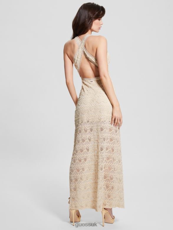 GUESS Women Liza Lace Maxi Dress Pearl Oyster Apparel V28V6392